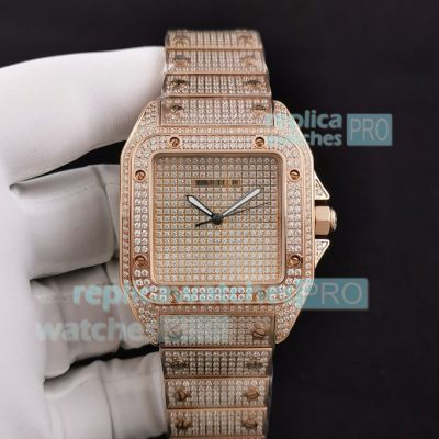 Fully Iced Out Cartier Replica Santos Watch Rose Gold Diamonds